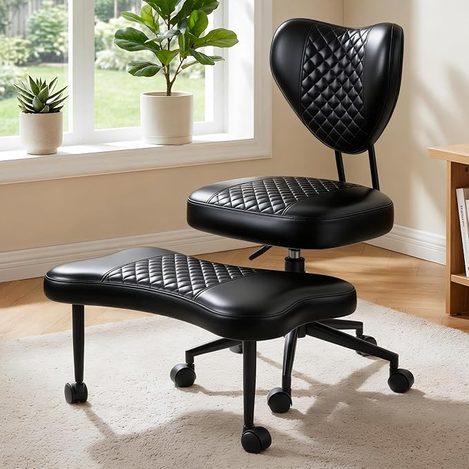 Cross Legged Office Chair with Wheels, 360 Swivel Height-Adjustable Meditation Chair with Lumbar Support, PU Leather, Black