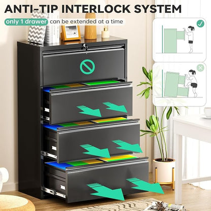 Bonusall 4 Drawer Lateral File Cabinet with Lock, Locking Metal lateral Filing Cabinet for Office Steel lateral File Cabinet, Large Horizontal File Cabinet Locked by Keys-Black
