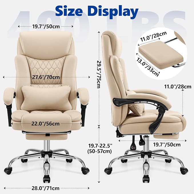 Big and Tall Office Chair 400lbs - Wide Memory Foam Seat with Lumbar Support, Reclining Executive Desk Chair with Footrest, Ergonomic Heavy Duty High Back Computer Chair, Khaki