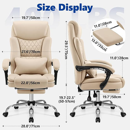 Big and Tall Office Chair 400lbs - Wide Memory Foam Seat with Lumbar Support, Reclining Executive Desk Chair with Footrest, Ergonomic Heavy Duty High Back Computer Chair, Khaki