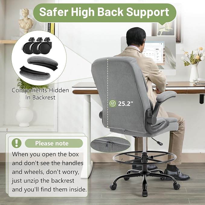 500LBS Drafting Chair, High Back Safer Standing Desk Chair, Executive Tall Office Chair with Flip-up Armrests, Upholstered Fabric Task Chair, Ergonomic Seat with Adjustable Height&Foot Ring, Grey