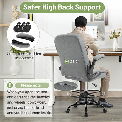 500LBS Drafting Chair, High Back Safer Standing Desk Chair, Executive Tall Office Chair with Flip-up Armrests, Upholstered Fabric Task Chair, Ergonomic Seat with Adjustable Height&Foot Ring, Grey
