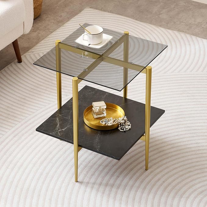 LumFurn Glass End Table, Mid-Century Modern Design Sofa Table, for Living Room, L18 x W18 x H23 in, Grey Glass Top and Black Marble Finish Wood Shelf, Sleek Conical Metal Legs with Gold Finish Frame