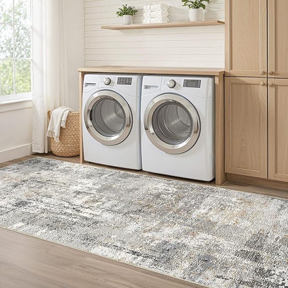 Runner Rug Kitchen Washable Rugs: 3x10 Non-Slip Abstract Soft Modern Stain Resistant Indoor Floor Neutral Accent Throw Carpet for Hallway Bathroom Laundry Room Entryway Bedroom- Gray Rust