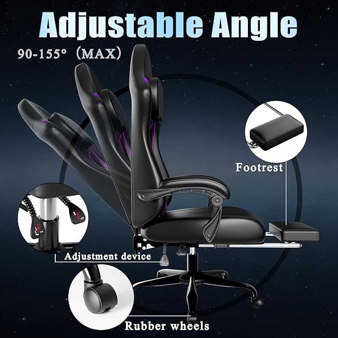 Gaming Chair, Computer Chair with Footrest and Lumbar Support, Ergonomic Video Game Chair with Headrest, Height Adjustable Gamer Chair Office Desk Chair, Purple