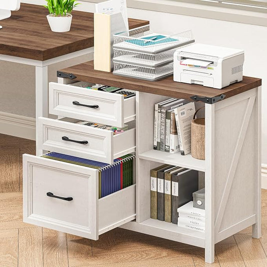 Halitaa 3 Drawer File Cabinet, Farmhouse Lateral Filing Cabinet Fits Files Letter or A4 Size, Wooden Printer Stand with Open Storage Adjustable Shelf for Home Office, Rustic White and Brown