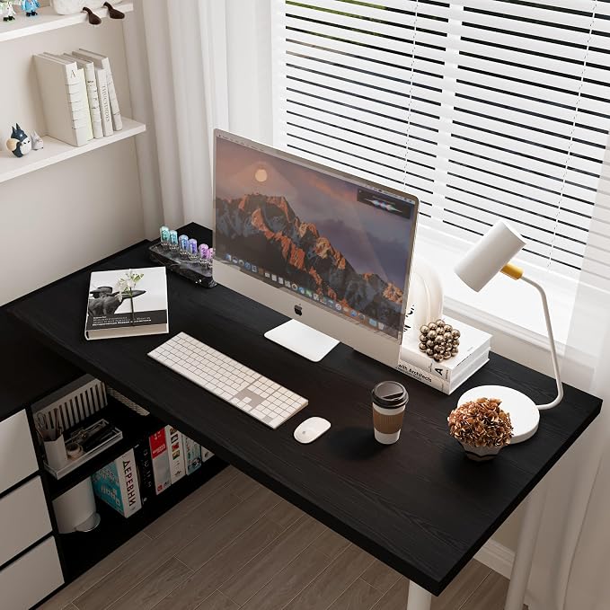 Bobve L Shaped Computer Desk, 47 Inch Home Office Desk with File Drawers & Storage Shelves, Small Corner Computer Desk for Small Space (Black + White)
