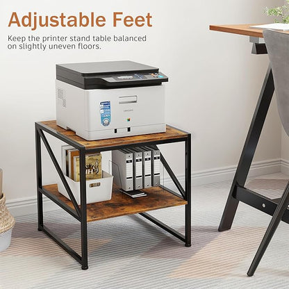 2-Tier Large Priner Stand with Storage Shelf, 20"×20" Under Desk Printer Table for Office, Mini Fridge Stand, End Table for Living Room, Heavy Duty Storage Rack for Scanner Fax Machine, Rustic Brown