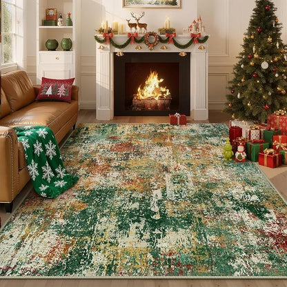 RELEANY Washable Area Rugs 10'x14 Non-Slip Modern Abstract Soft for Living Room Entryway Bedroom Kitchen, Print Pattern, Green Orange Rust Red Cream Colorful