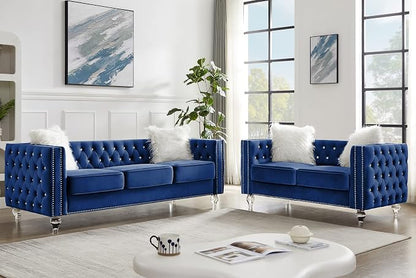 mikibama Velvet Loveseat with Buttons and Square Arms 59 Inch Tufted Sofa with Trimmed Nailhead and Metal Legs Loveseat Couch for Living Room, Bedroom (Navy Blue-Crystal Legs, Loveseat + Sofa)