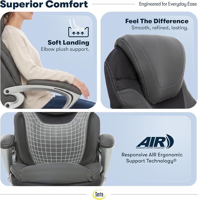 Serta Bryce Executive Office Chair - Ergonomic Computer Desk Chair with Patented AIR Lumbar Technology - Adjustable Height - Memory Foam Body Pillows - 360° Swivel Rolling Base - Bonded Leather - Gray