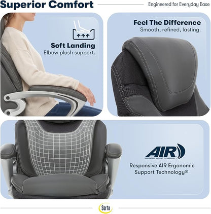 Serta Bryce Executive Office Chair - Ergonomic Computer Desk Chair with Patented AIR Lumbar Technology - Adjustable Height - Memory Foam Body Pillows - 360° Swivel Rolling Base - Bonded Leather - Gray