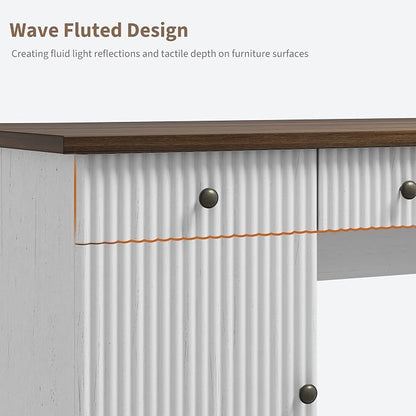 Garvee Fluted Home Office Desk Storage, 60" Modern Executive Desk with Charging Station, Wooden Computer Writing Desk with File Cabinet & Drawers for Study, Living Room, Bedroom-Brown&White