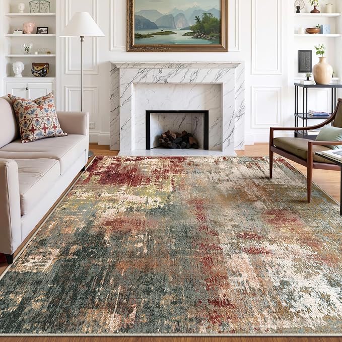 RELEANY Washable Area Rugs 8'x10' Non-Slip Modern Abstract Soft for Living Room Entryway Bedroom Kitchen, Print Pattern, Brown Rust Red Green Blue Multi