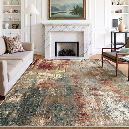 RELEANY Washable Area Rugs 8'x10' Non-Slip Modern Abstract Soft for Living Room Entryway Bedroom Kitchen, Print Pattern, Brown Rust Red Green Blue Multi