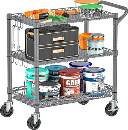 Folews Heavy Duty Rolling Cart with Wheels, 990LBS 3-Tier Metal Utility Cart, NSF Rolling Storage Organizer Adjustable Shelves & Basket, Lockable Casters, Commercial Storage Trolley, Gray