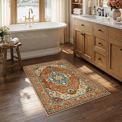 RELEANY Area Rugs Small 2'6"x4' Washable Non-Slip, Floral Vintage Distress Medallion Carpet for Kitchen Entryway Bathroom, Red Orange Blue Brown