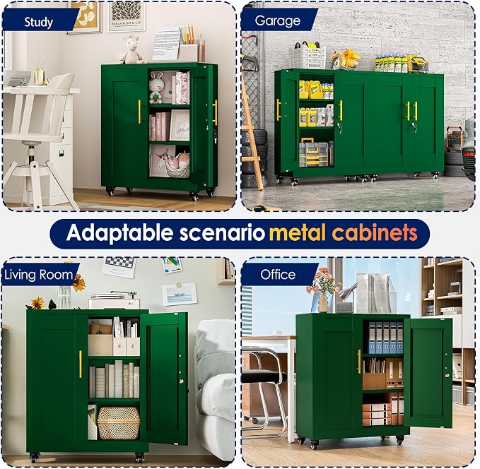 erosoei 35" H Metal Garage Storage Cabinet, Rolling Tool Cabinet with 2 Doors and Wheels, Locker Steel Cabinet with 2 Adjustable Shelves, Organization Cabinet for Garage,Office,Home,Gym,School（Green）