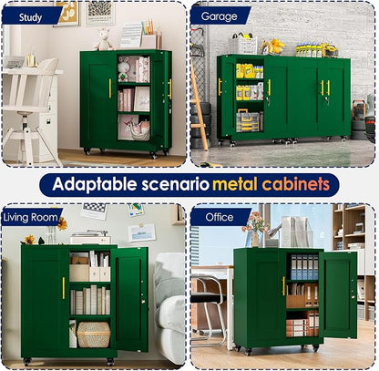 erosoei 35" H Metal Garage Storage Cabinet, Rolling Tool Cabinet with 2 Doors and Wheels, Locker Steel Cabinet with 2 Adjustable Shelves, Organization Cabinet for Garage,Office,Home,Gym,School（Green）
