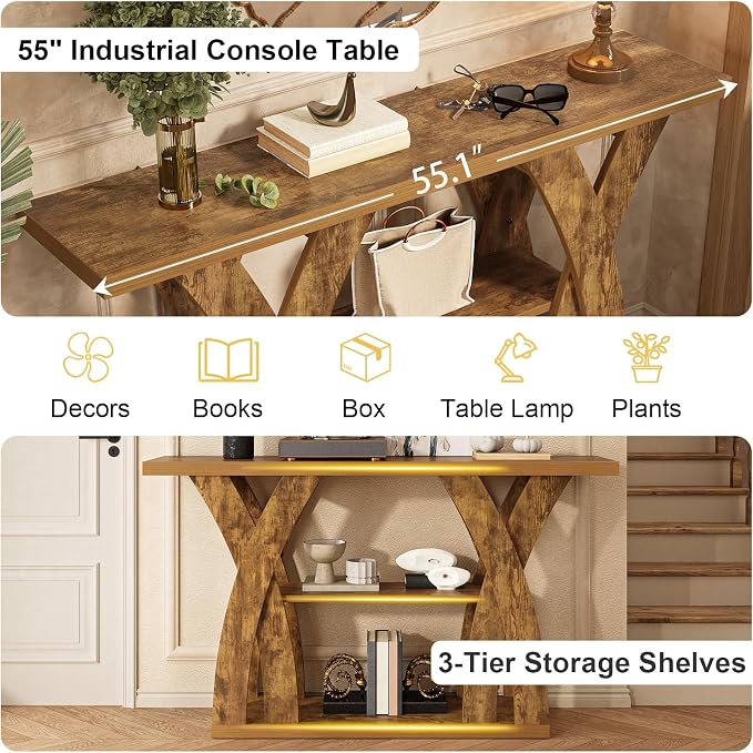 55 inch Sofa Table Behind Couch, 3-Tier Narrow Entryway Table with Storage, Wood Grain X-Shaped Console Tables for Living Room, Hallway, Foyer, Home Office