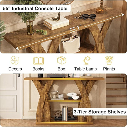 55 inch Sofa Table Behind Couch, 3-Tier Narrow Entryway Table with Storage, Wood Grain X-Shaped Console Tables for Living Room, Hallway, Foyer, Home Office
