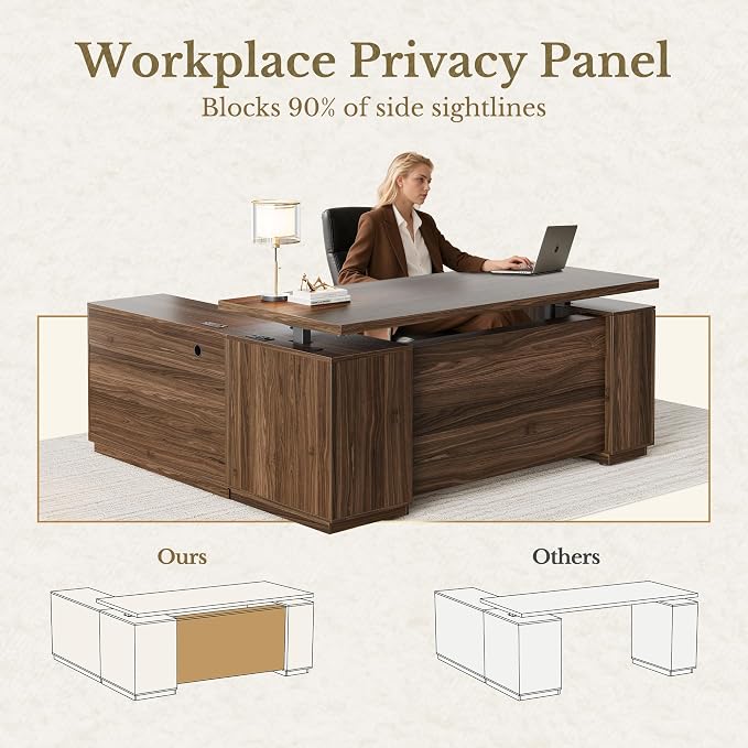 L Shaped Executive Standing Desk with File Cabinet, Electric Height Adjustable Desk with AC/USB and Privacy Panel for Home and Office, Black Walnut