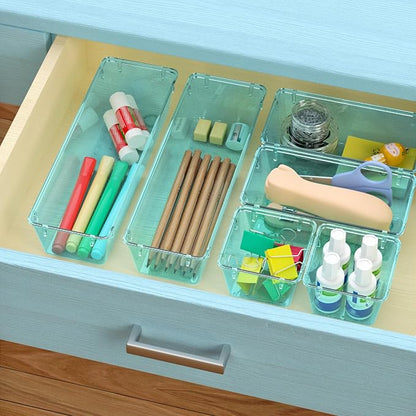 WOWBOX 9 Pack Clear Drawer Organizer Set, Acrylic Drawer Storage Trays, Storage Bins for Makeup, Cosmetics, Jewelries, Utensils, Gadgets, Office, Sea Blue