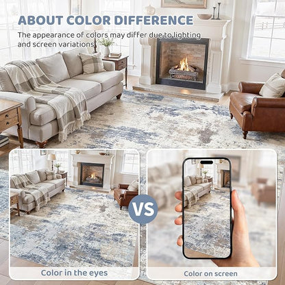 UERMEI 9x12 Area Rug Living Room Rugs - Washable Neutral Modern Abstract Soft Thin Large Rug Indoor Floor No Slip Rug Carpet for Bedroom Under Dining Table Home Office Decor- Denim Blue