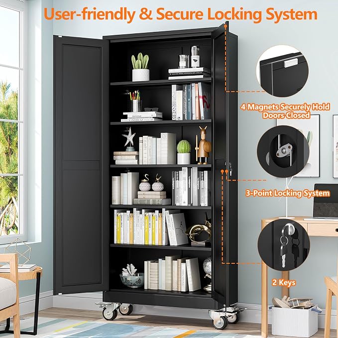 pozdeg 75" Metal Garage Storage Cabinets with Wheels, Lockable Rolling File Cabinets with 2 Doors and 5 Adjustable Shelves, Steel Tool Organizer Locker for Office Home Garage Gym School, Black
