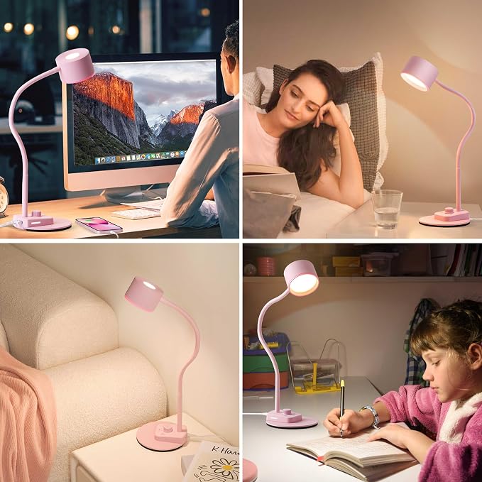 LiFMIRA Cute Desk Lamp with USB C + A Charging Port, 5 Colors Dimmable Reading Lamps, Minimalist Pink Lamp for Kids, Eye Care Metal Bedside Table Lamp with Timer Flexible Desk Light for Home Office