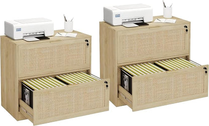 HOPUBUY 2 Drawer File Cabinet with Lock Set of 2, Printer Stand Lateral Filing Cabinets for Home Office and School, Wood Rattan File Cabinet for Hanging Files/Letter/Legal/A4/F4 Size, Natural Wood