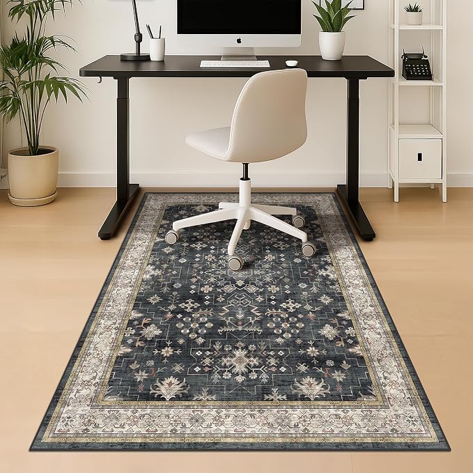 Black Modern Farmhouse 3x5 Office Chair Mat for Hard Wood & Tile Floor, Low Pile Carpet Floor Protector for Rolling Chair, Machine Washable Under Desk Rug, Non Slip Rubber Backing