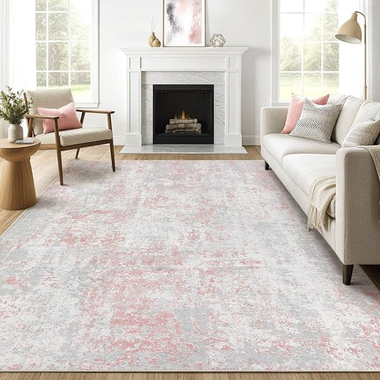 7x9 Area Rugs Living Room: Washable Large Abstract Neutral Modern Soft Rugs Stain Resistant Indoor Floor Non-Slip Accent Carpet for Girl Bedroom Nursery Playroom Office Dining Room Home- Pink Gray