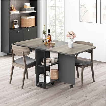 IDEALHOUSE FoldingTable, Drop Leaf Dining Table with 6 Wheels and 2-Layer Storage Shelf, Space Saving Table for Small Spaces (Slate Oak, 50.1" D x 31.4" W x 29.5" H)