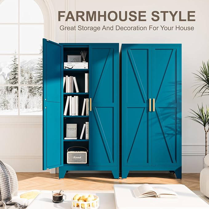 71H Tall Metal Storage Cabinet with 2 Doors and 5 Shelves, Farmhouse Storage Cabinet with Barn Doors, Pantry Storage for Home, Office, Bathroom, Dining Room, Kitchen (Blue)