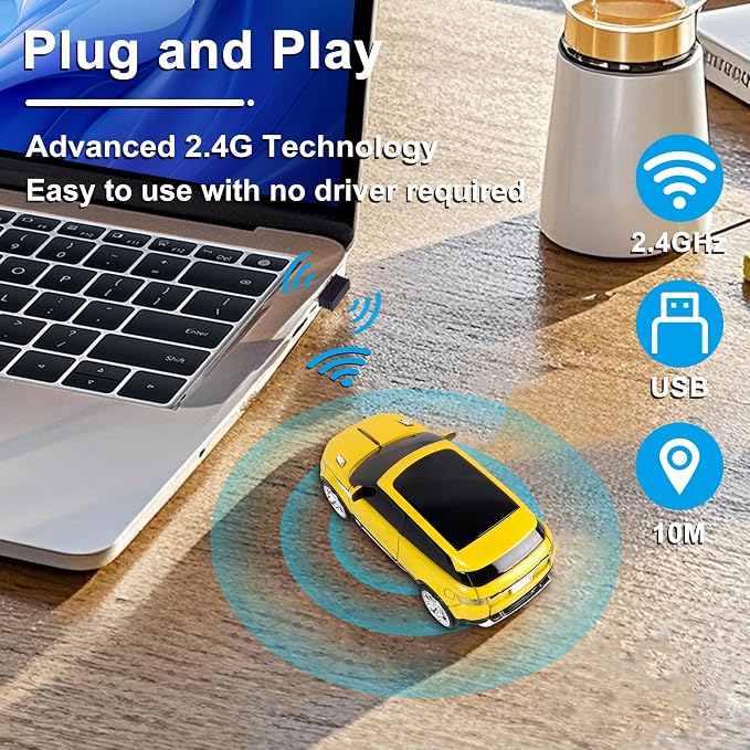 Car Mouse Mini Small Cool SUV Car Shaped Wireless Mouse Portable 2.4GHz Optical Cordless Mice with USB Receiver 3 Buttons for Office School Travel for Laptop PC Desktop Computer Gift ( Yellow-1 Pack)
