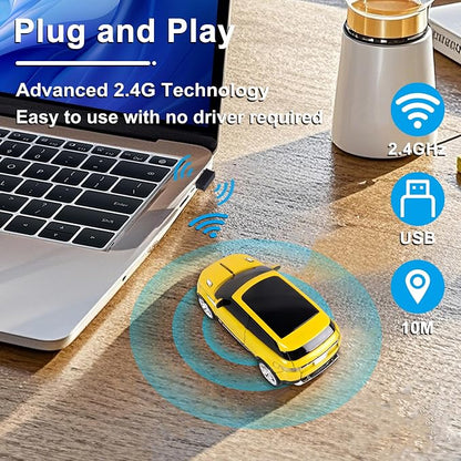 Car Mouse Mini Small Cool SUV Car Shaped Wireless Mouse Portable 2.4GHz Optical Cordless Mice with USB Receiver 3 Buttons for Office School Travel for Laptop PC Desktop Computer Gift ( Yellow-1 Pack)