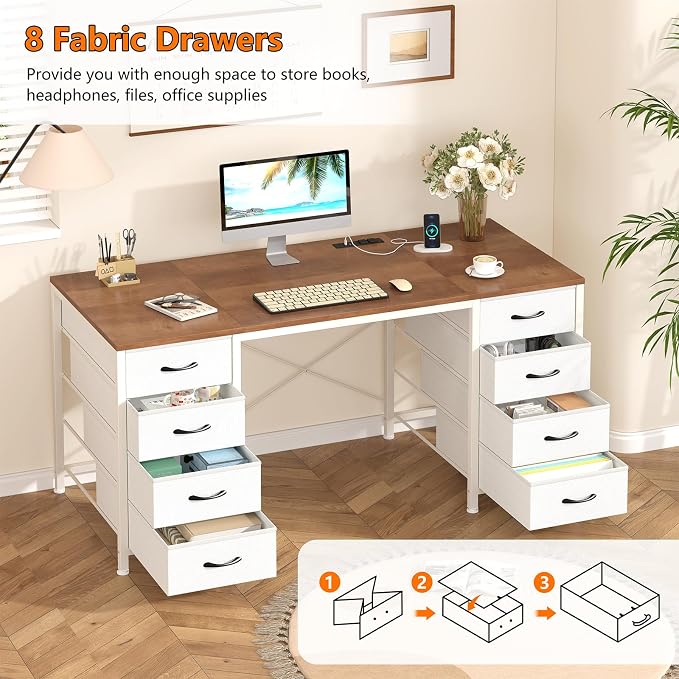 YOMILUVE 50 Inch Computer Desk with 8 Drawers, Home Office Desk with Power Outlets, Work Study Gaming Desk with 8 Fabric Drawers, Brown and White