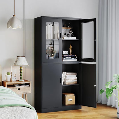 Metal Storage Cabinet with Glass Doors, Lockable Office Storage Cabinet, 71" Tall Display Case with Adjustable Shelves for Home Office,School and Hospital (Black)
