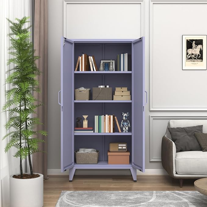 61" H Tall Lockable Steel Storage Cabinet with 2 Doors and 3 Adjustable Shelves,4-Tier Freestanding Metal Locker for Home,Office,Living Room,Gym,Purple 27.6" W x 13.8" D