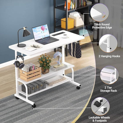 Armocity Rolling Standing Desk with Charging Station, Portable Height Adjustable Mobile Computer Desk with Wheels & 2-Tier Shelves & Hooks, Easy Assembly Laptop Table for Couch Bed, 32" White