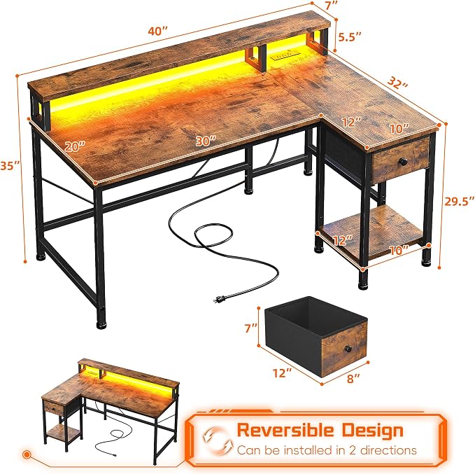 DurayLoly 40" L- Shaped Computer Desk with LED Lights & Power Outlet,Gaming Desk with Monitor Stand for Gamer,Home Office Desk with Drawer for Student Study Room,Bedroom,Small Working Room,Brown