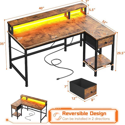 DurayLoly 40" L- Shaped Computer Desk with LED Lights & Power Outlet,Gaming Desk with Monitor Stand for Gamer,Home Office Desk with Drawer for Student Study Room,Bedroom,Small Working Room,Brown