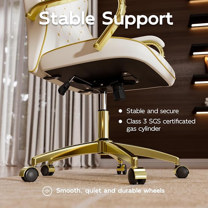 HomeZeer White and Gold Office Chair, Luxury Leather Executive Desk Chair | Elegant Timeless Appeal, Vintage Mid Back Styling with Wheels and Padded Arms, Thick High Density Foam Comfort