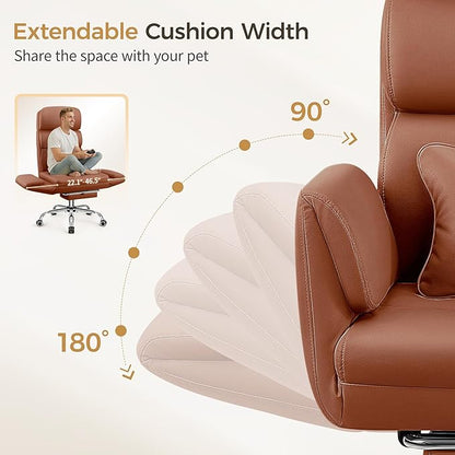 Big and Tall Office Chair 500LBS, Ergonomic High Back Leather Executive Chair, Reclining Swivel with Adjustable Armrests Lumbar Support Footrest, Cross Legged, Brown