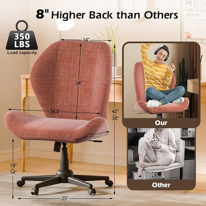 ZZW Criss Cross Chair with Wheels, Wide Cross Legged Office Chair Armless Comfy Desk Chair with Tall Back Vanity Chairs with Stress Relief Curved Design Seat for Bedroom & Office & Home Red Orange