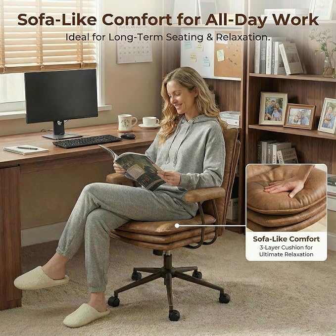 Brown Leather Office Chair with Triple-Layer Seat, Home Desk Chair | Comfy 7.3-inch Thick Cushion, Mid Back Ergonomic Support for Long Hours, Smooth Silent Wheels, Mid-Century Vintage Style