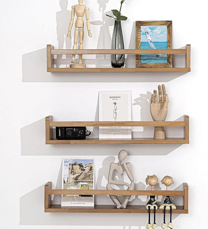 AZSKY Light Walnut Floating Nursery Shelves, Wall Mounted Book Shelves Nursery Kids Room Decor 24 Inch, Toddler Bookshelf for Bathroom Living Room Kitchen Spice Rack a Set of 3