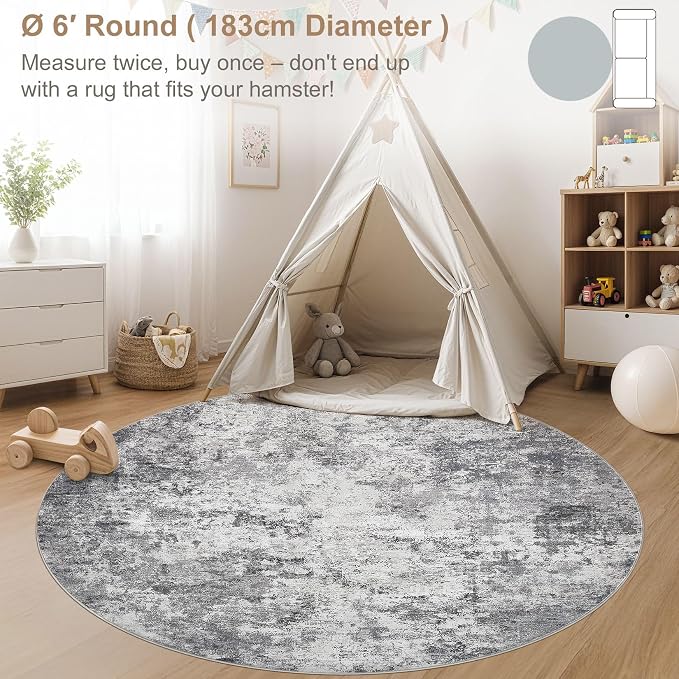 UERMEI 6ft Round Area Rug Living Room Rugs - 6x6 Washable Neutral Modern Abstract Soft Thin Rug Indoor Floor No Slip Rug Carpet for Bedroom Under Dining Table Home Office Decor - Grey