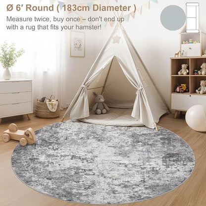 UERMEI 6ft Round Area Rug Living Room Rugs - 6x6 Washable Neutral Modern Abstract Soft Thin Rug Indoor Floor No Slip Rug Carpet for Bedroom Under Dining Table Home Office Decor - Grey